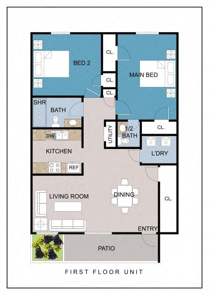 Floor plan for 2 beds, 1.5 baths, 980 sqft